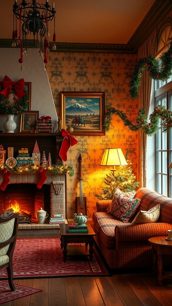 Cozy vintage living room decorated for Christmas with a fireplace, stockings, and a Christmas tree.