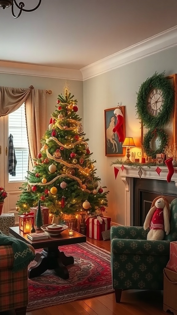 A cozy living room decorated for Christmas with a tree, stockings, and warm lights.