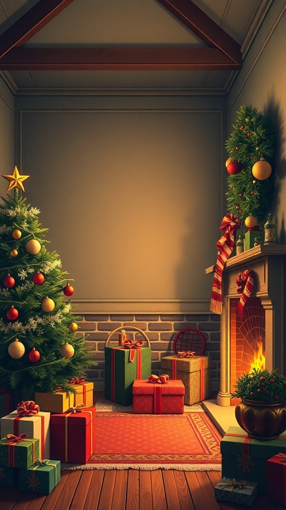 A cozy Christmas scene with a decorated tree, presents, and a fireplace.