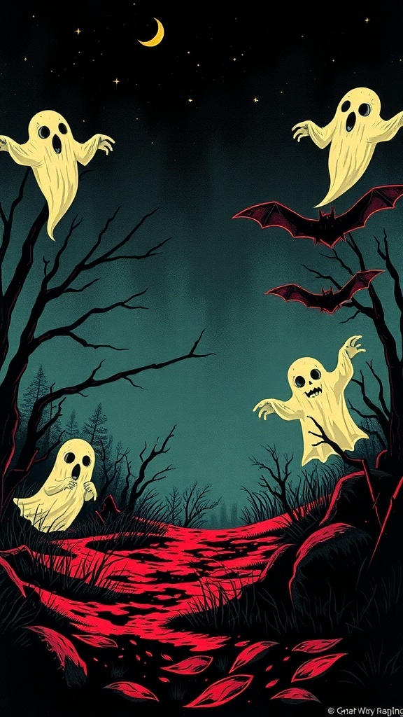 Vintage Halloween poster featuring playful ghosts and bats in a dark setting