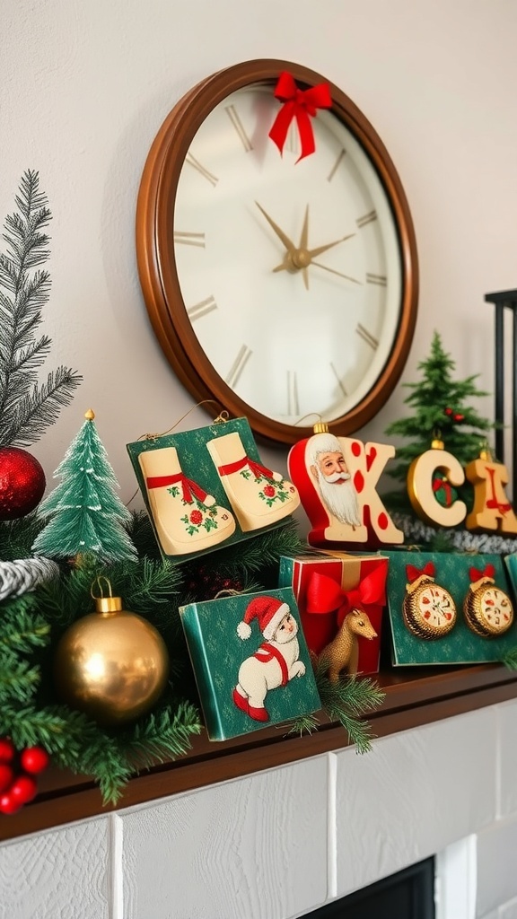 A collection of vintage tin Christmas ornaments displayed on a mantel, featuring Santa Claus, stockings, and festive decorations.
