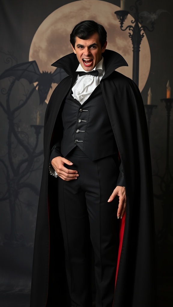 A man in a vintage vampire costume with a black cape, white shirt, and dramatic hairstyle, set against a spooky backdrop.