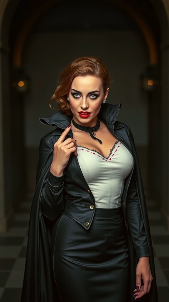 A woman in a vintage vampire costume with a black cape and dramatic makeup.