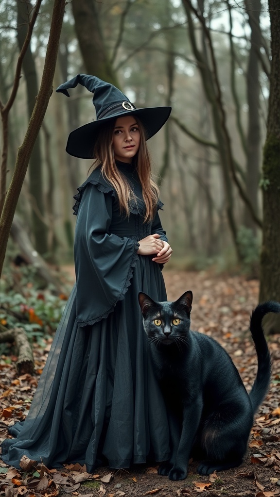 A vintage witch in a black gown and pointed hat stands in a forest with a black cat beside her.