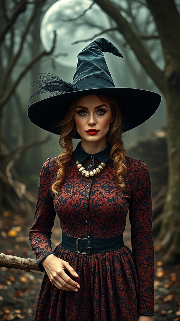 A vintage witch with a modern twist, wearing a dark dress and a pointed hat, set against a forest background with a full moon.