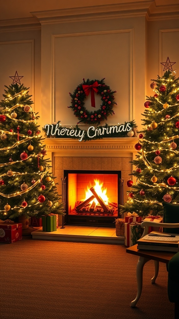 Two Christmas trees beside a fireplace with a warm glow, decorated with lights and ornaments.