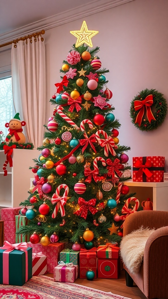 A colorful Christmas tree decorated with candy cane ornaments, bright baubles, and ribbons, surrounded by wrapped presents.