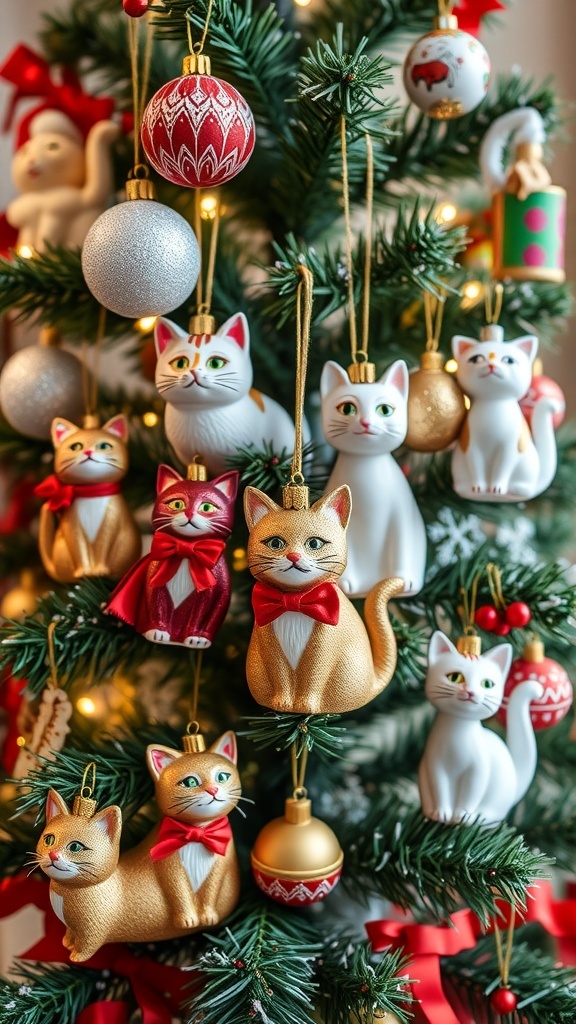 A Christmas tree decorated with various cat ornaments in different styles and colors.