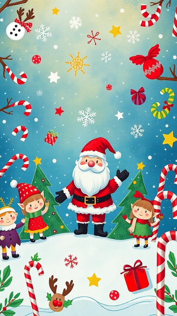 A colorful 90s Christmas wallpaper featuring Santa Claus, children, candy canes, and festive icons.