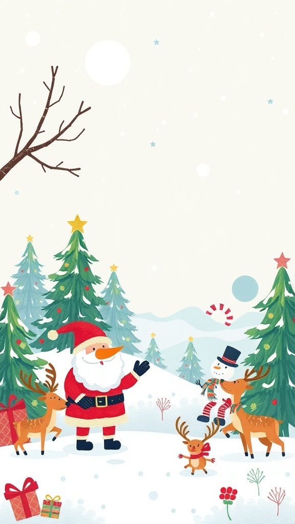 Whimsical Christmas illustration featuring Santa Claus, reindeer, and a snowman in a snowy landscape.