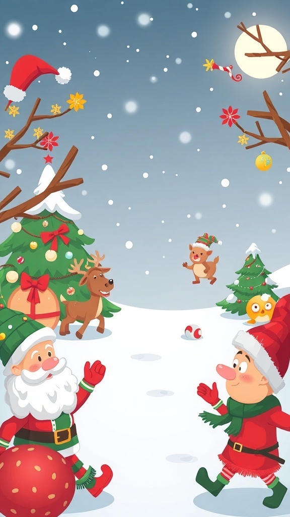 A festive Christmas scene with Santa and an elf in a snowy landscape, surrounded by decorated trees and animals.