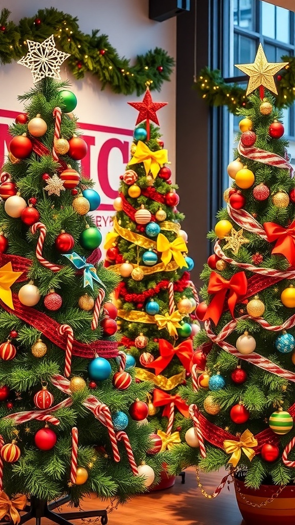 Three colorful Christmas trees decorated with ornaments and ribbons