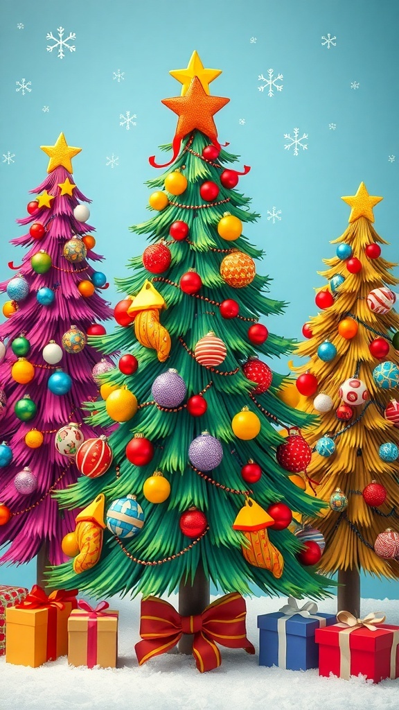 Three colorful Christmas trees with vibrant decorations and presents underneath.