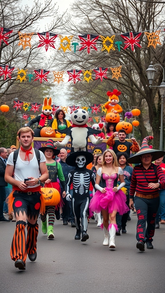 A lively Halloween costume parade with participants in various costumes, colorful decorations, and festive pumpkins.