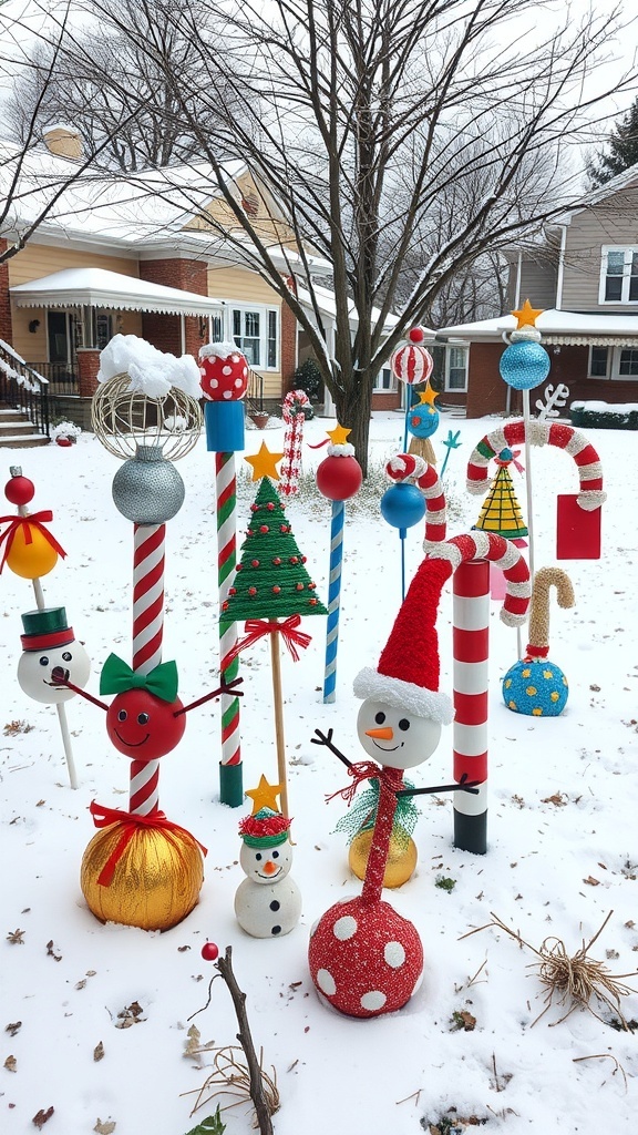 Colorful DIY Christmas yard decorations including snowmen, candy canes, and Christmas trees in a snowy yard.