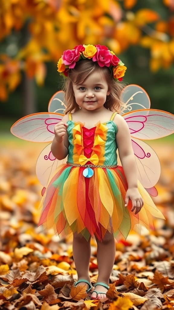 A young girl in a colorful fairy costume with wings and a floral crown, standing in a field of autumn leaves.