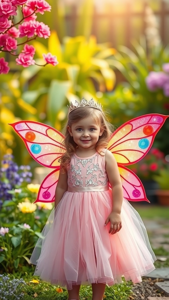 A young girl dressed as a fairy princess with butterfly wings in a colorful garden.