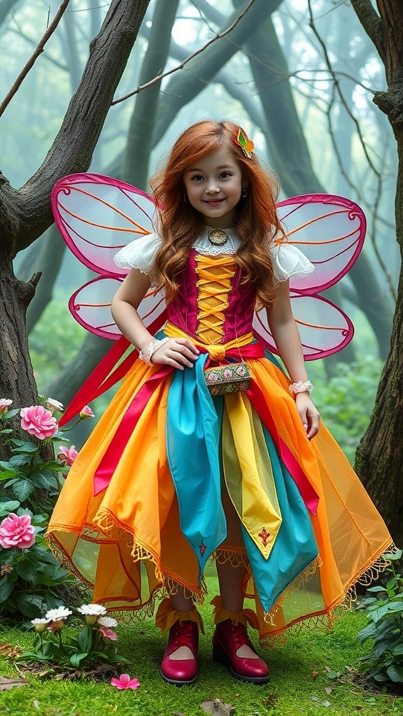 A young girl dressed as a whimsical fairy tale character with butterfly wings in a colorful costume.