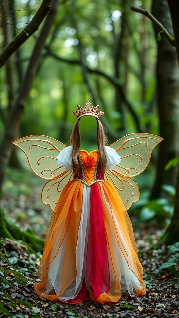A whimsical fairy costume with colorful wings and a crown, set in a forest background.