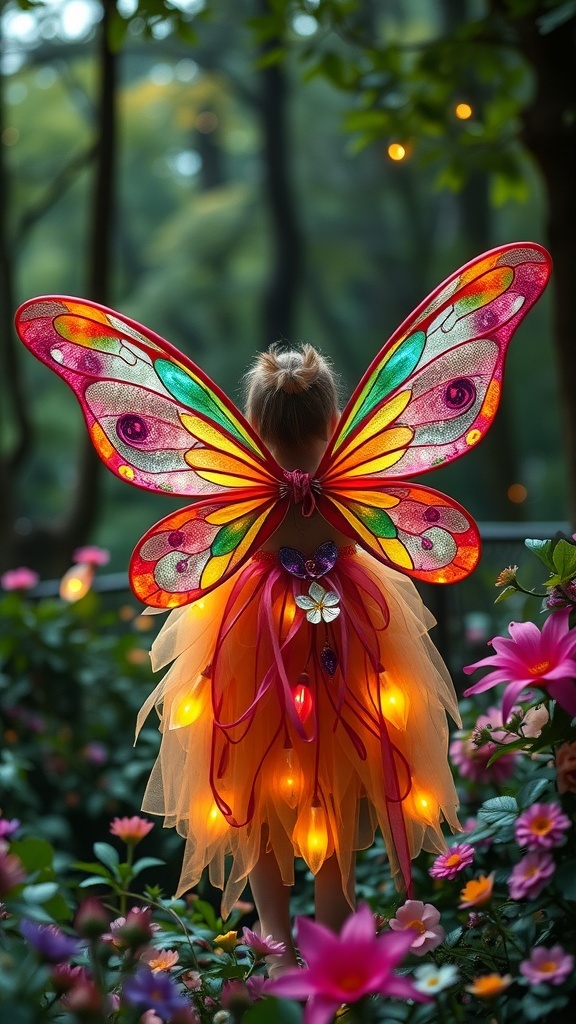 A child in a fairy costume with butterfly wings and glowing lights, surrounded by flowers.