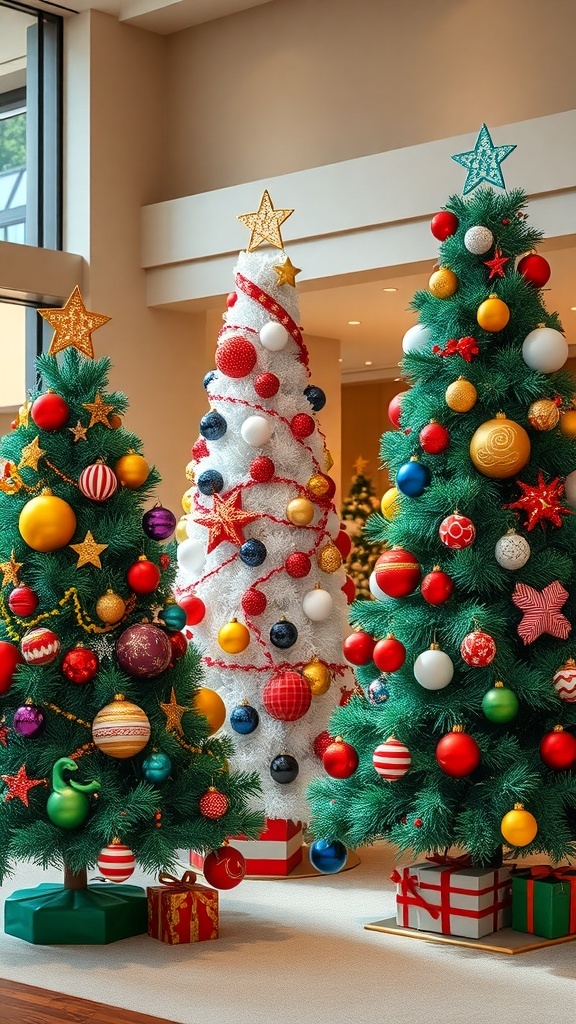 Three colorful Christmas trees with various decorations in a bright room.