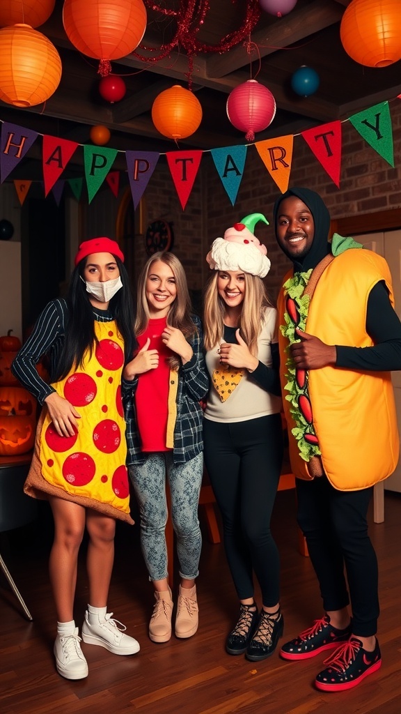 Group of friends in food-themed Halloween costumes: pizza, taco, cupcake, and cookie.