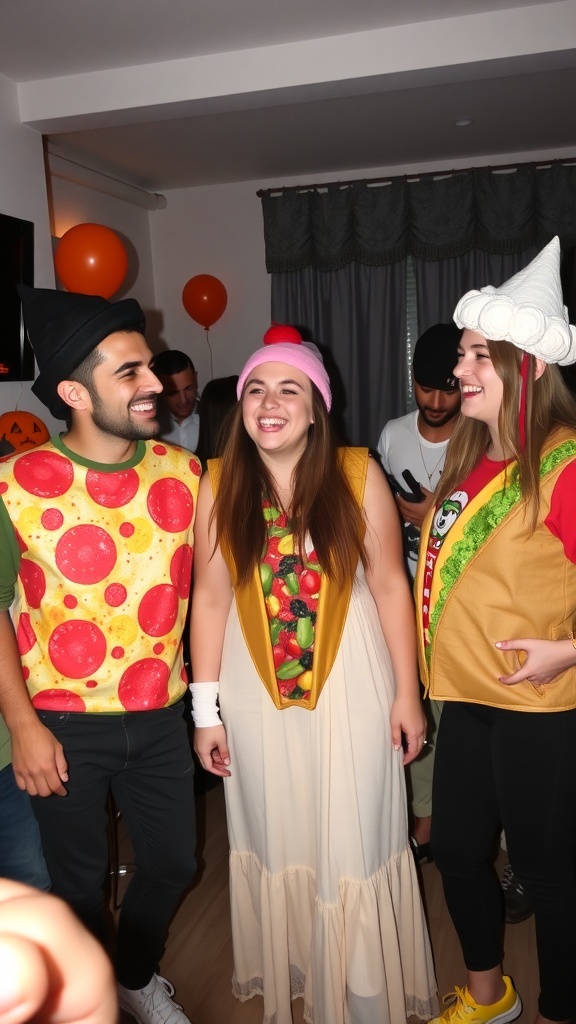 A group of friends dressed in whimsical food costumes, including pizza, burger, and ice cream.