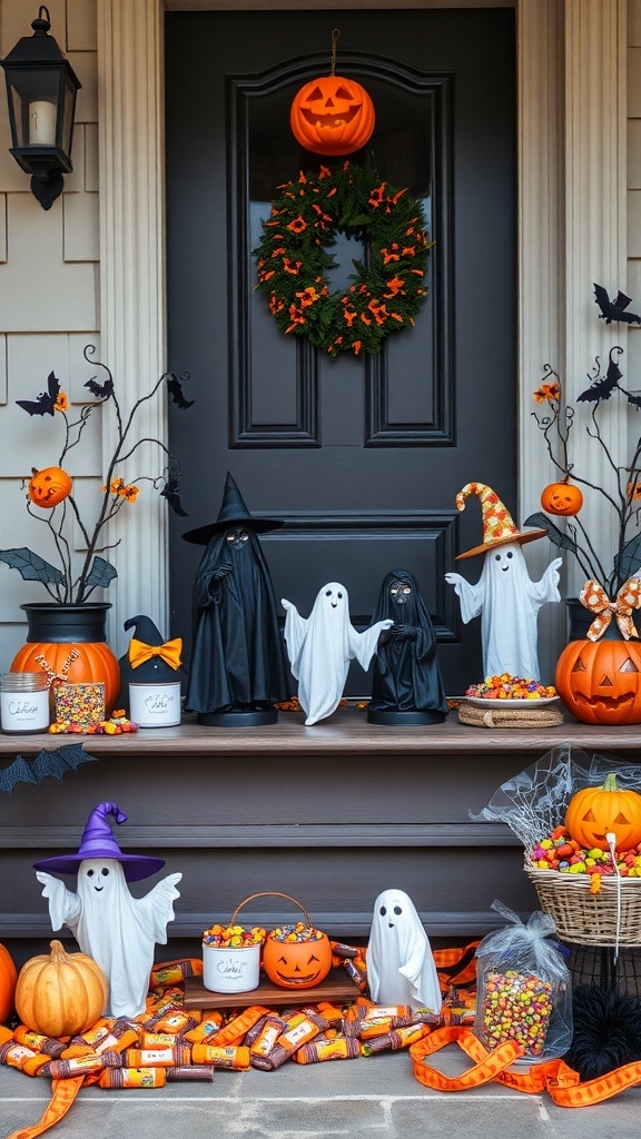 A Halloween entry table decorated with whimsical ghost and witch figurines, pumpkins, and candy.