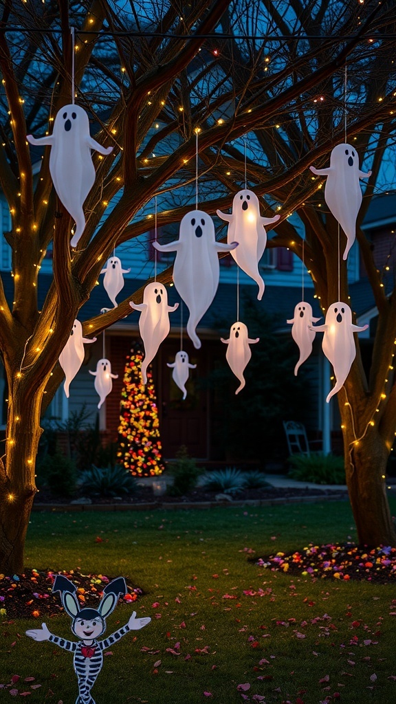 A tree decorated with playful ghost decorations and lights, with a cute character in the foreground.
