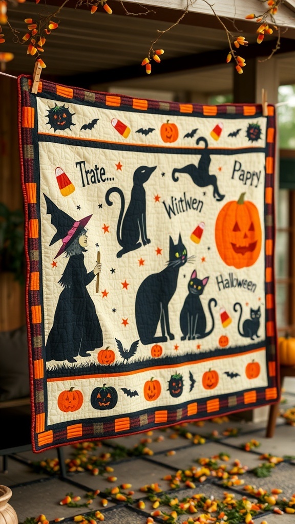 A Halloween quilt featuring a witch, black cats, pumpkins, and candy corn designs.