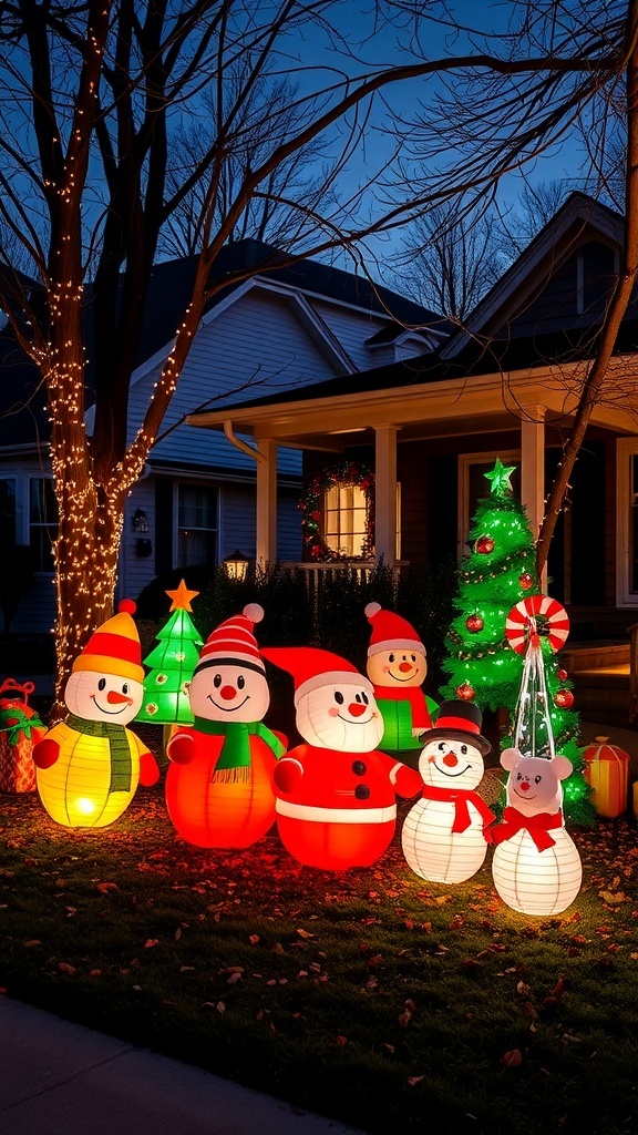 A festive display of inflatable Christmas characters including snowmen, Santa, and a bear, illuminated at night.