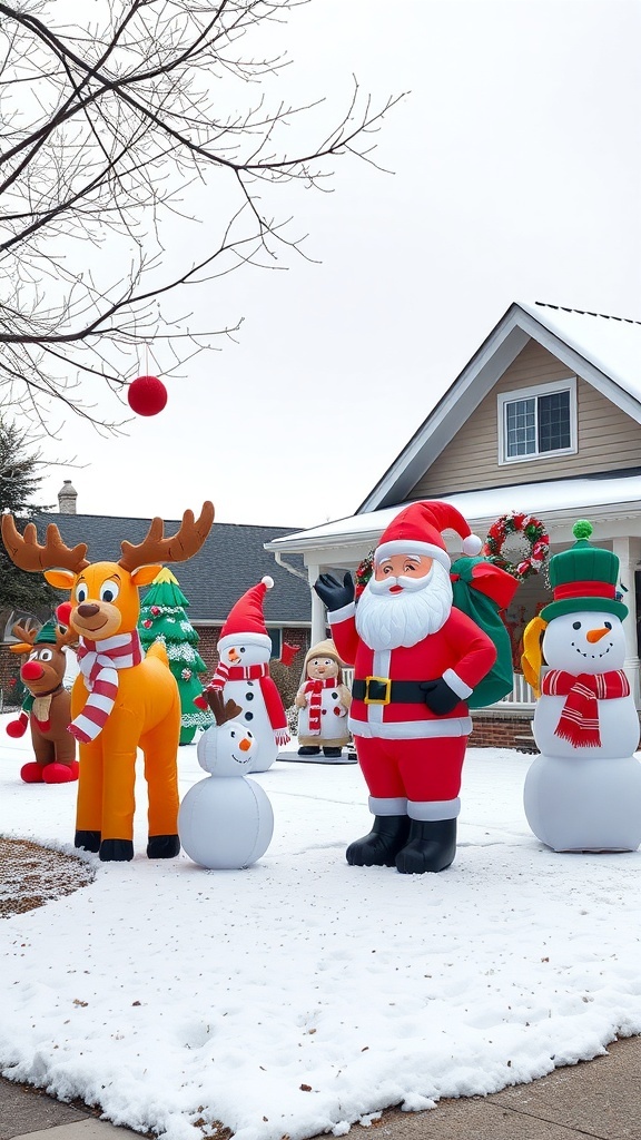 A festive yard display featuring inflatable Santa Claus, reindeer, snowmen, and a Christmas tree in a snowy setting.