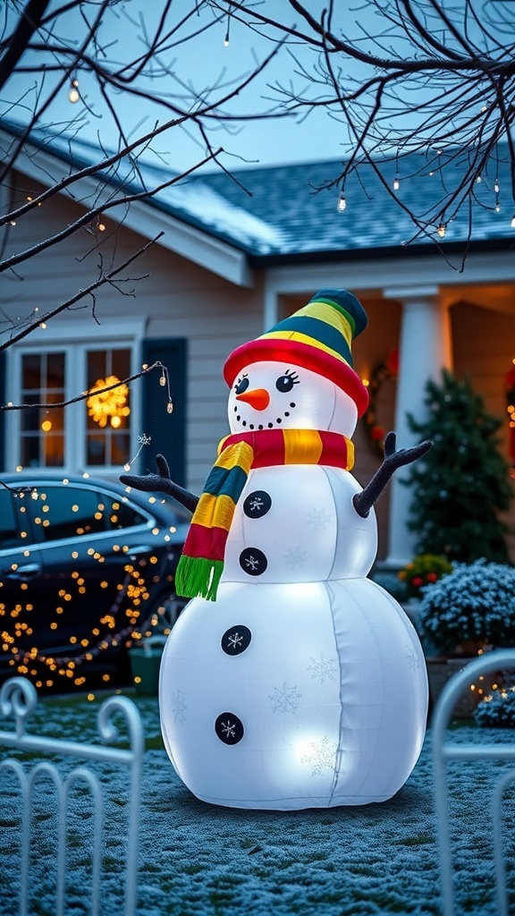 A cheerful inflatable snowman wearing a colorful scarf and hat, standing in a snowy yard with Christmas lights in the background.