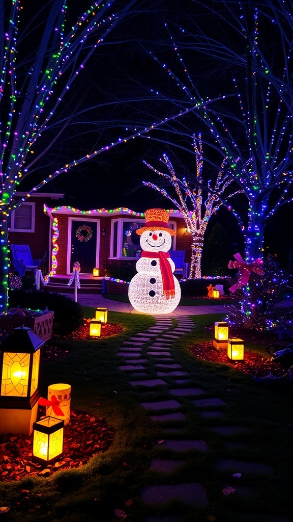 A festive yard display featuring a snowman, colorful lights, and glowing lanterns.