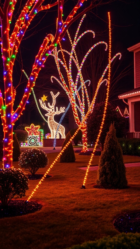 A beautifully lit Christmas yard featuring colorful lights on trees and a glowing reindeer decoration.