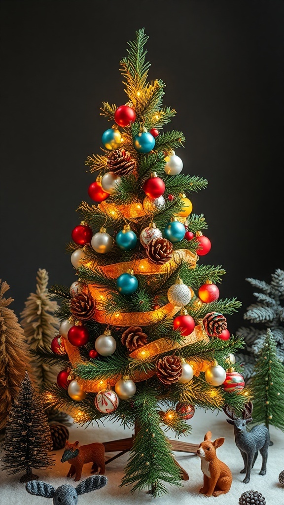 A small Christmas tree decorated with colorful ornaments and surrounded by animal figurines.