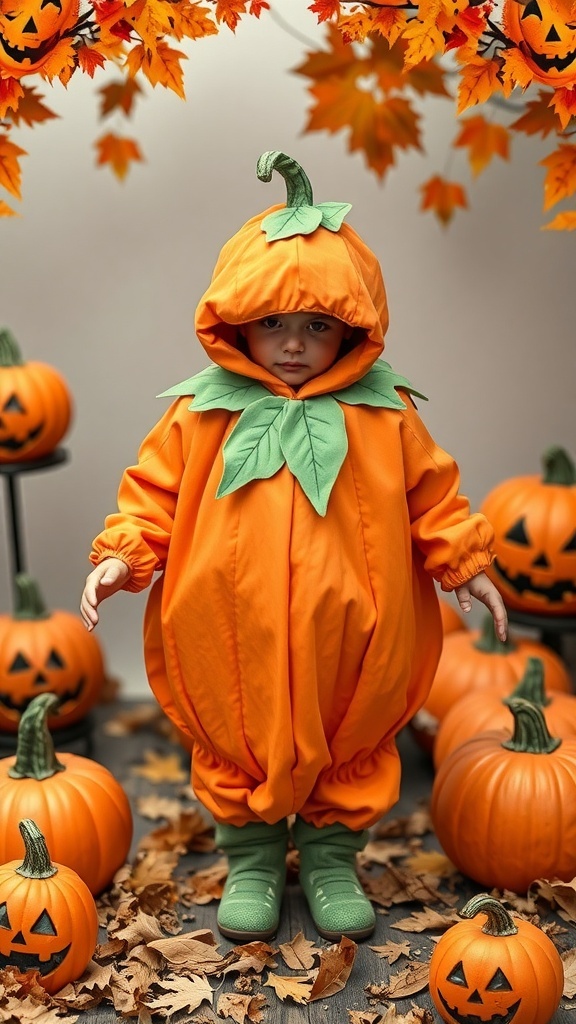 A child in a pumpkin costume surrounded by pumpkins and autumn leaves.