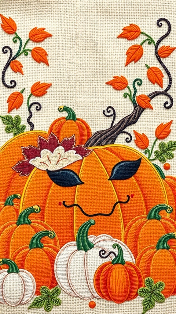 Colorful embroidery design featuring a whimsical pumpkin patch with smiling pumpkins and green vines.