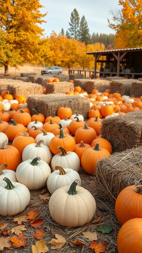 A pumpkin patch with orange and white pumpkins surrounded by hay bales and autumn leaves.