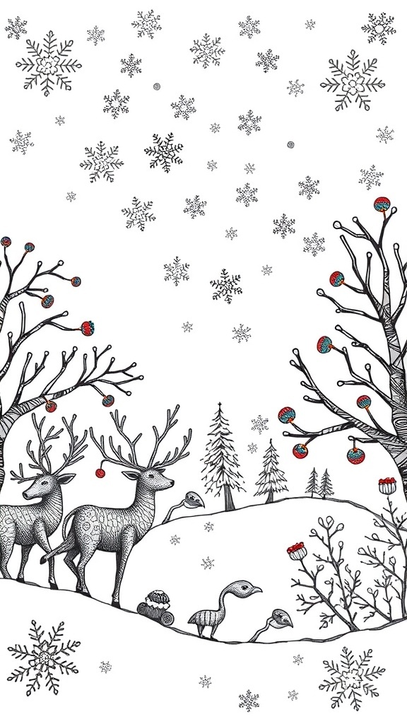 A whimsical winter scene featuring reindeer, snowflakes, and decorated trees.