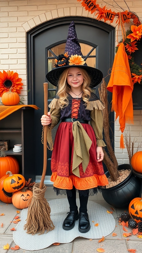 A young girl dressed in a whimsical witch costume, featuring a colorful dress and a pointed hat, standing in a festive autumn setting.