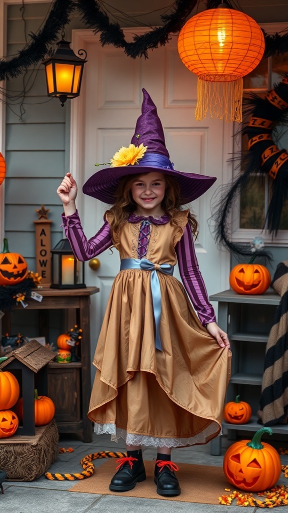 A young girl wearing a whimsical witch costume with a purple hat and a flowing dress, standing on a decorated porch with pumpkins.