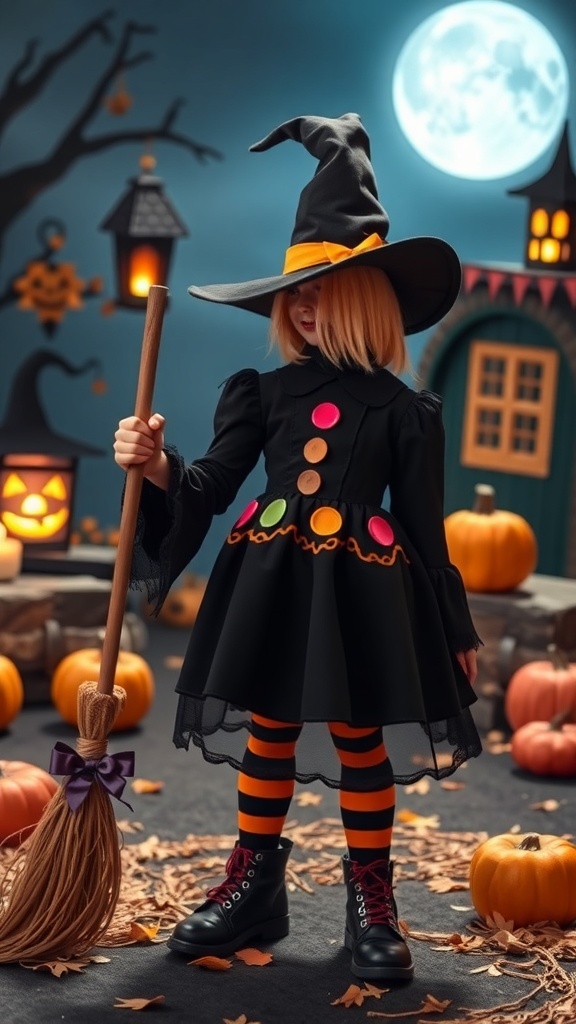 A child dressed in a whimsical witch outfit with a black dress, colorful buttons, striped tights, and a pointed hat, holding a broomstick in a Halloween-themed setting.