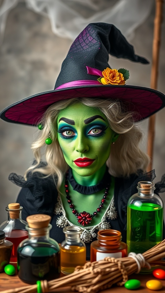 A whimsical witch with green face paint, dramatic eye makeup, and a stylish hat, surrounded by potion bottles.