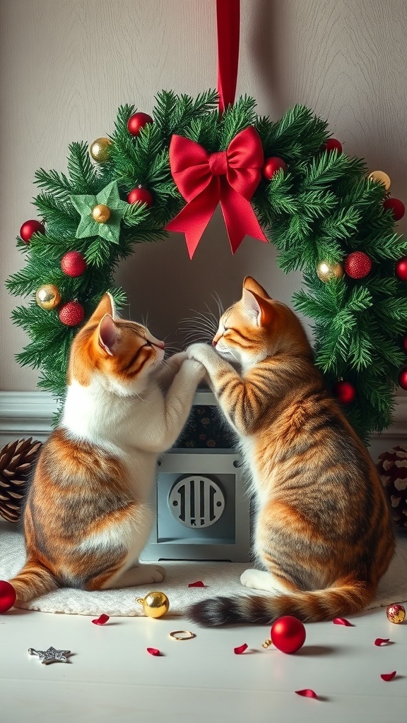 Two cats playing with a Christmas wreath decorated with ornaments and a bow.