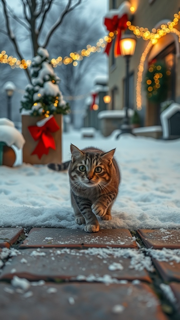 A cat walking through a snowy street decorated for Christmas with lights and a gift.