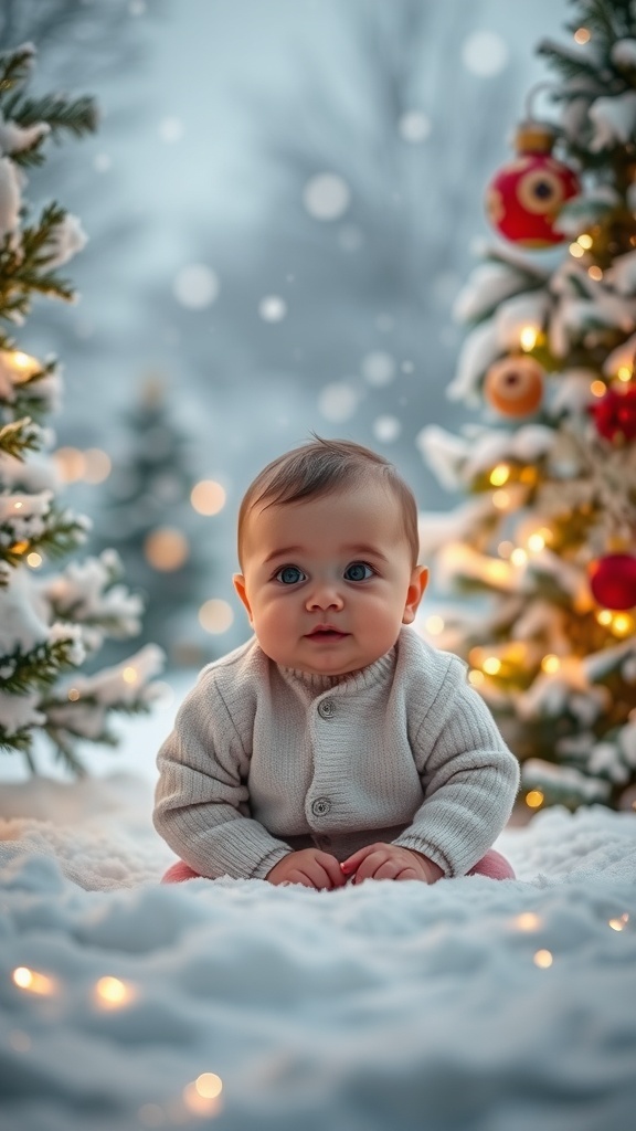 A baby sitting on snow in a winter wonderland setting with Christmas trees and lights.