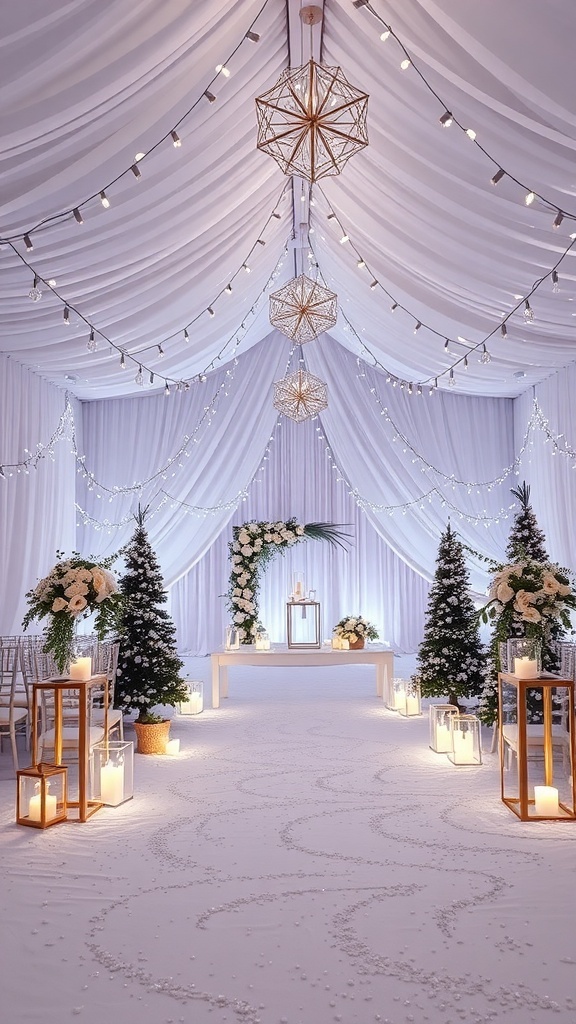 A beautifully decorated winter wedding ceremony with white drapes, twinkling lights, floral arrangements, and lanterns.