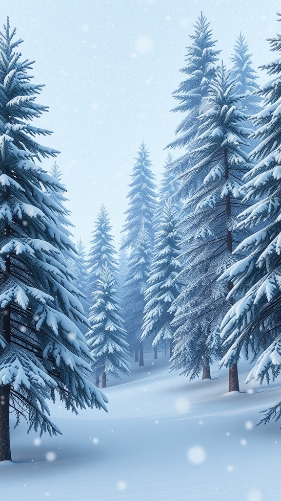 A serene winter forest scene with snow-covered trees and gentle snowfall.