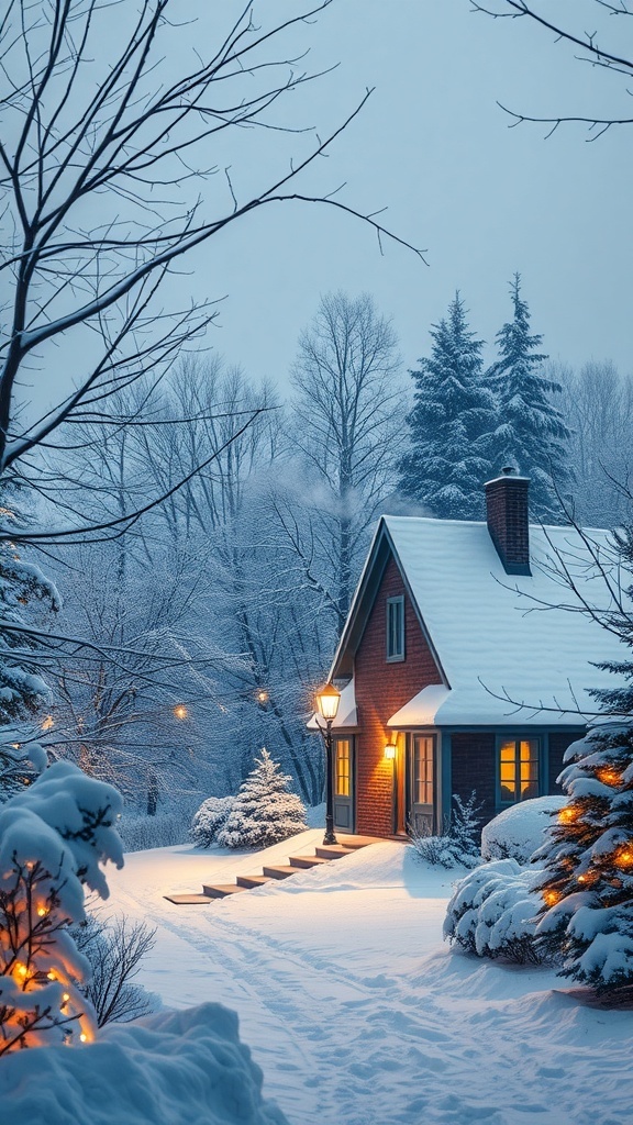 A cozy cabin in a snowy landscape with glowing windows and snow-covered trees.
